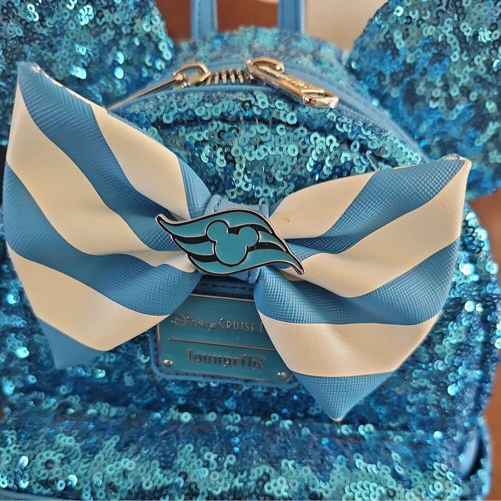 Disney Parks Loungefly Mini Backpack Blue Sequin Minnie Mouse Hydrangea & Ears - Picture 2 of 6